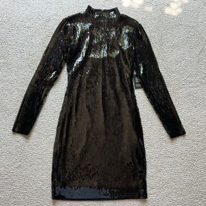 EXPRESS Black Sequined Long Sleeve Mock Neck Mini Short Dress Women Open Back XS